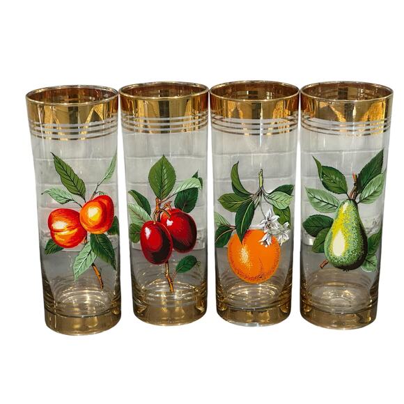 West Virginia Glass Company Vintage 1950's 'Orchard' Gold Hi-Ball Glasses-Set 4 - Picture 9 of 16